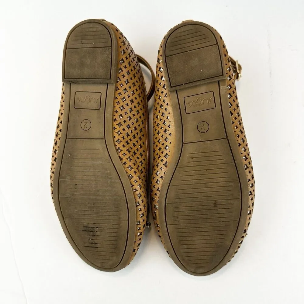 Sugar Evelyn Ballet Flats Girls Sz 2M Tan Brown Buckle Strap Bow Glitter